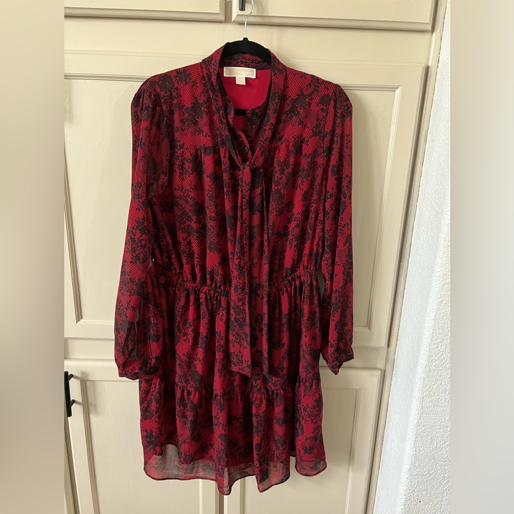 011 Michael Kors Red and Black floral Lace Look Dress